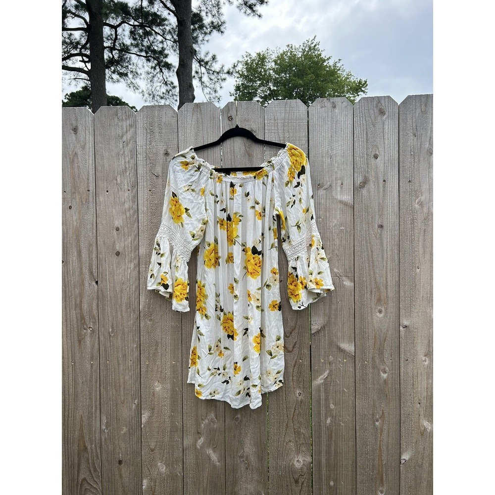 floral Speed Control Womens Dress white yellow Medium Boho‎ Long Sleeve Spring